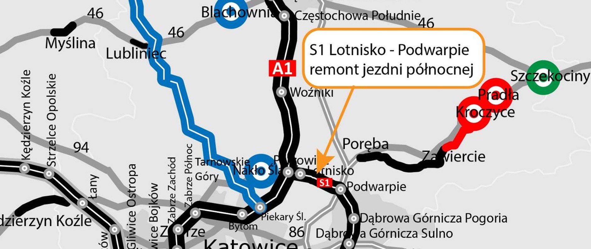 Remont nawierzchni na S1 Lotnisko - Podwarpie, mapa