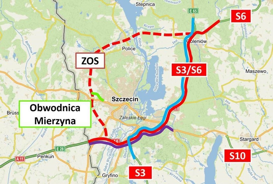 Lokalizacja obwodnicy Mierzyna oraz Zachodniej Obwodnicy Szczecina
