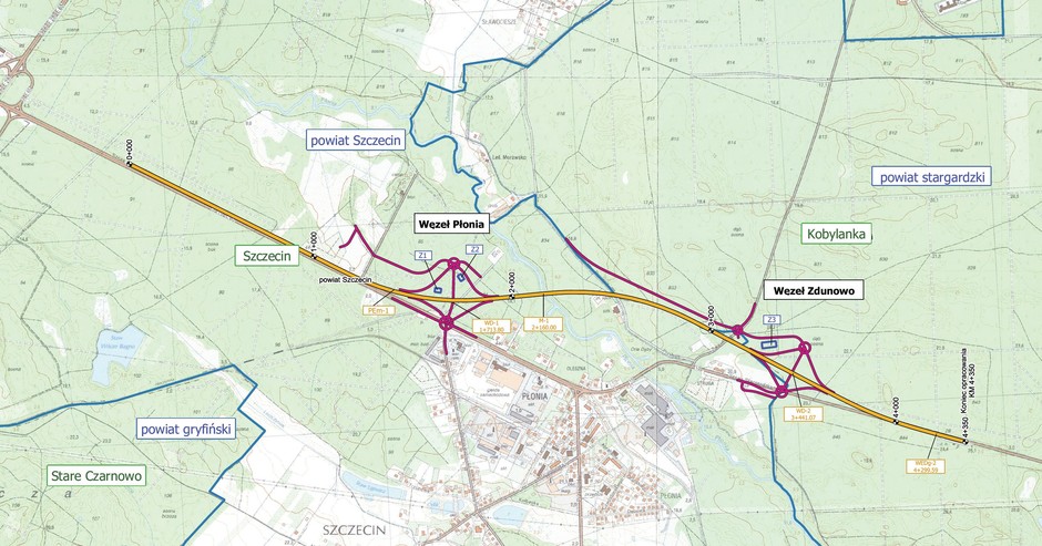 Mapa wariantu wybranego przebiegu odcinka S10 Szczecin Kijewo — Szczecin Zdunowo