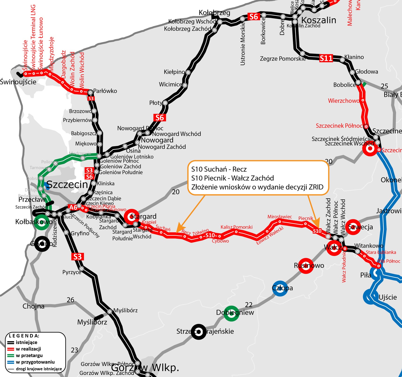Mapa przedstawiająca lokalizację odcinków S10