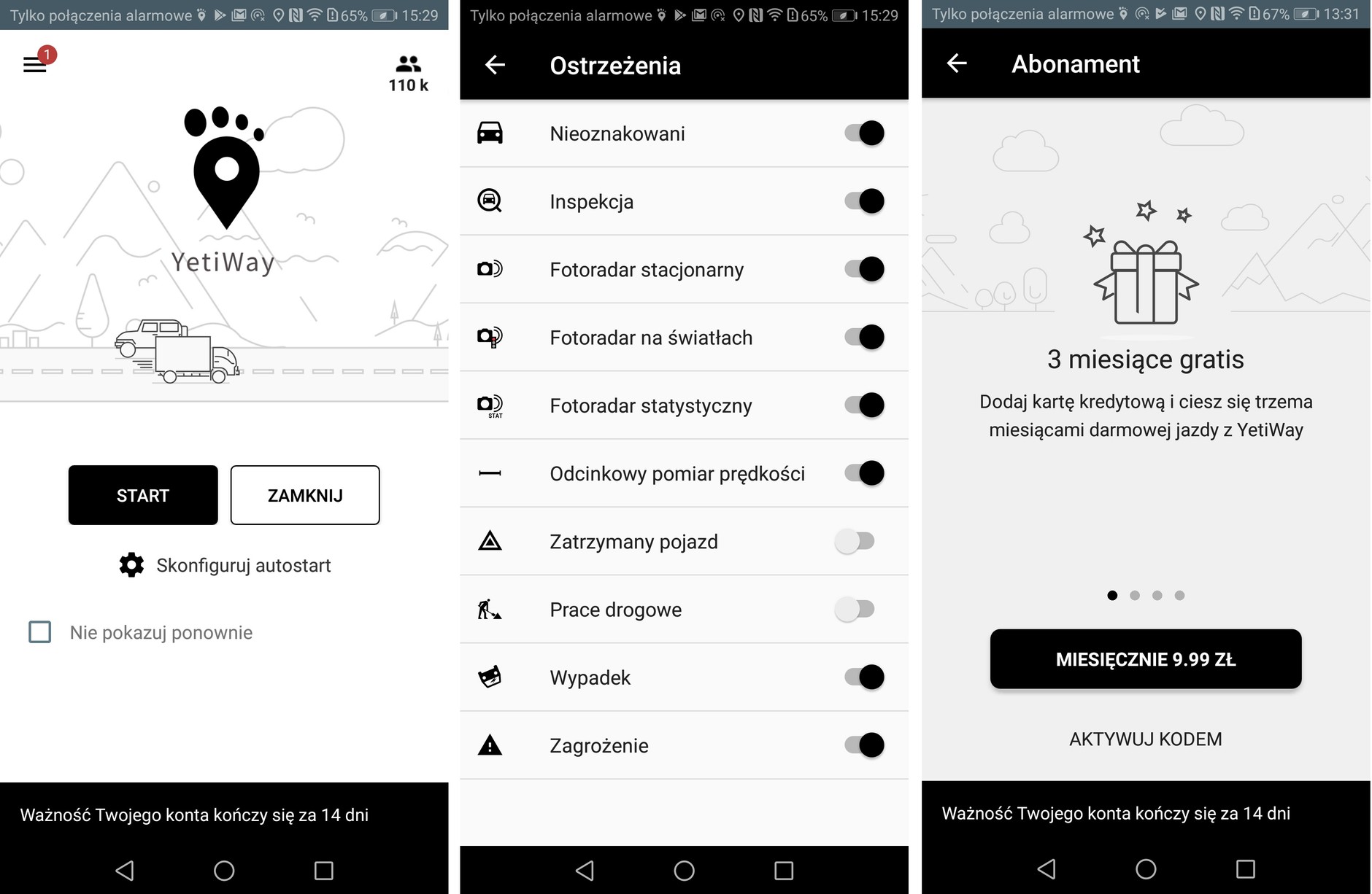 Menu nowej aplikacji YetiWay