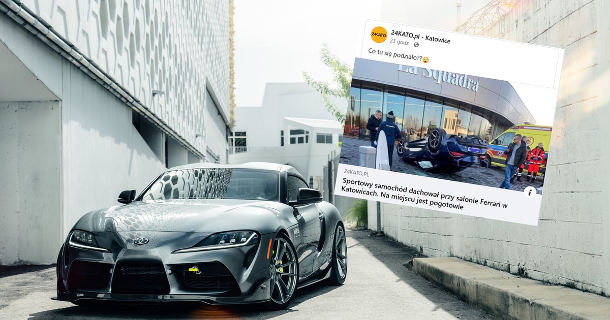 Kierowca dachował Toyotą Suprą przed salonem Ferrari w Katowicach (Fot. 24kato.pl/Facebook)
