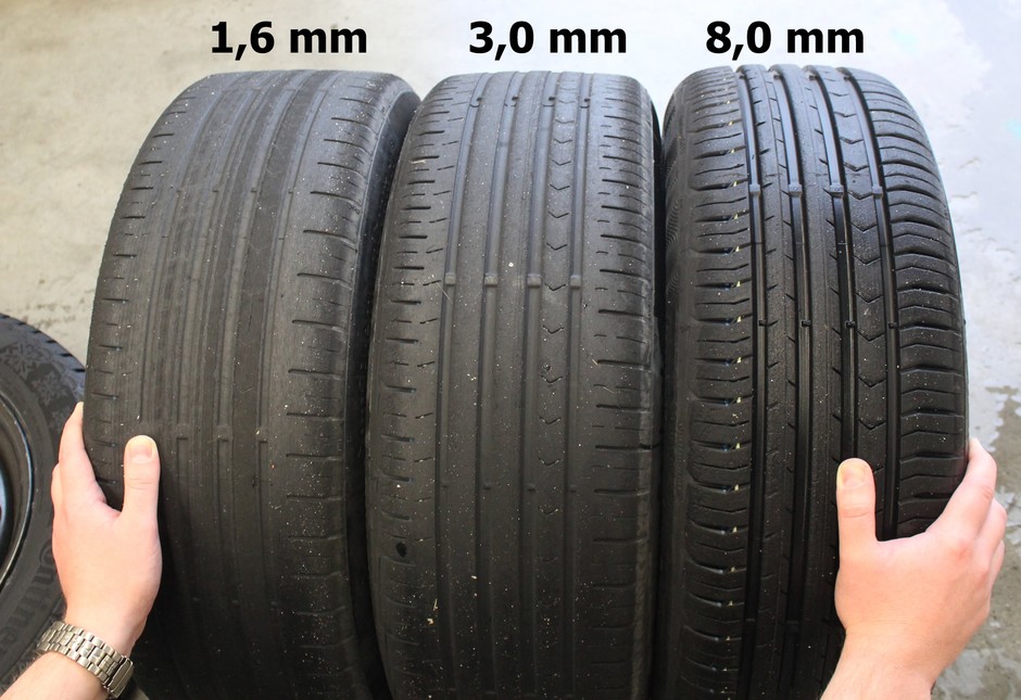 Porównanie różnej głębokości bieżnika opony Continental ContiPremiumContact 5: 8, 3 oraz 1,6 mm