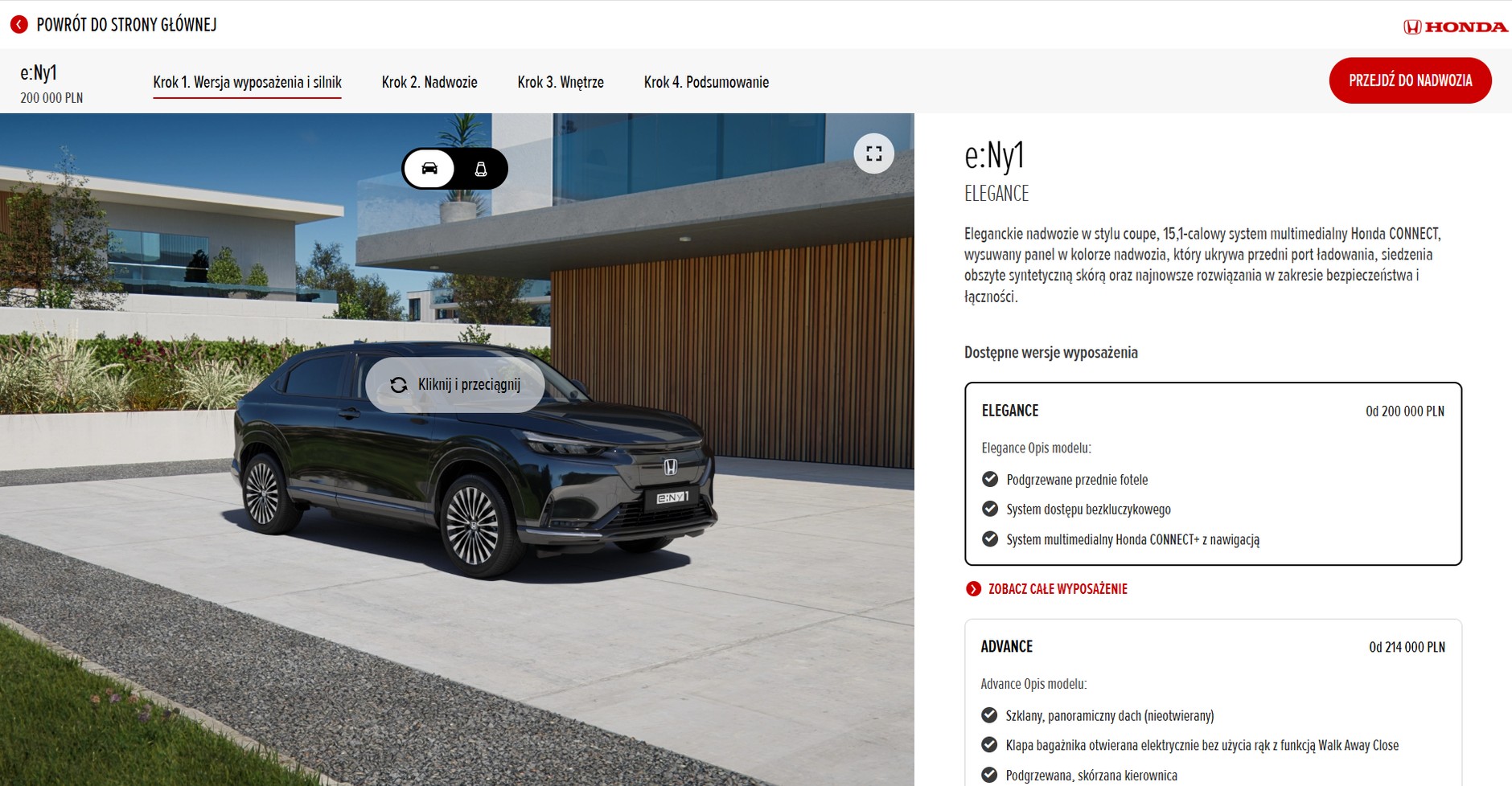 Honda e:Ny1 w konfiguratorze na polskiej stronie Hondy