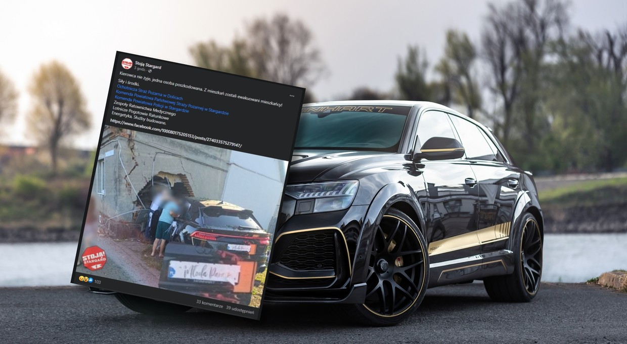 Audi z tablicami "Młoda Para" rozbiło się o dom. To był stuningowany SUV o mocy 900 KM