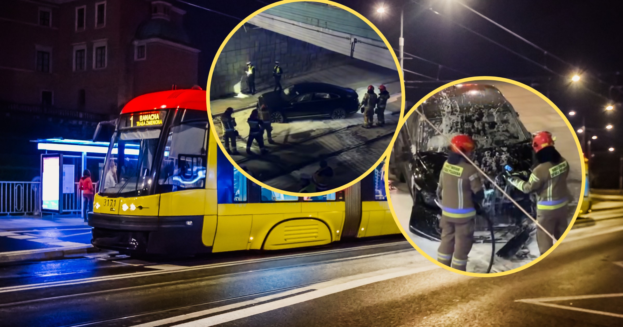 Volkswagen przebił barierki wiaduktu i spadł na tory tramwajowe (screen: reporterwawa/Facebook)
