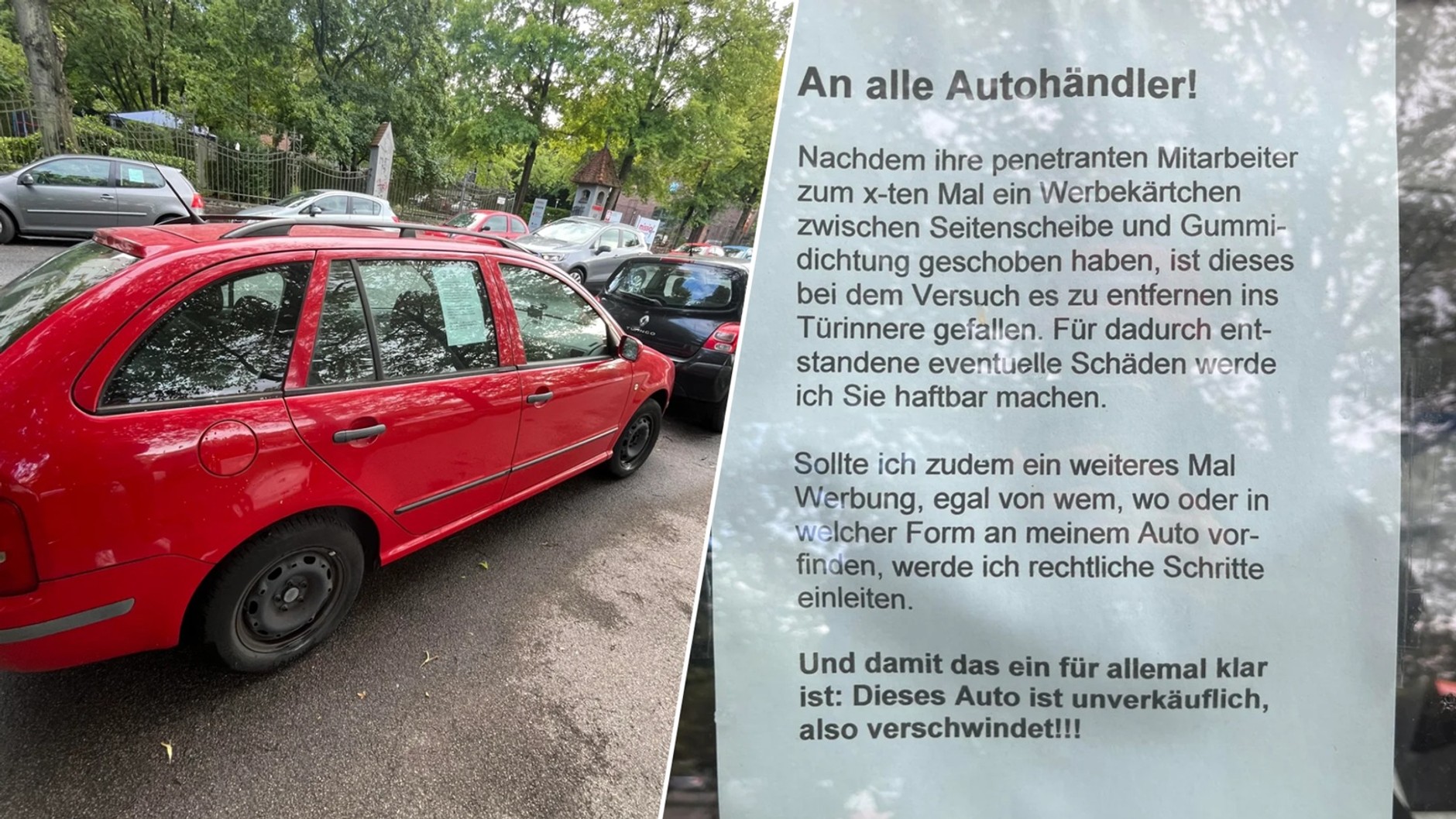 Ulotka za szybą Skody kierowcy z Kassel
