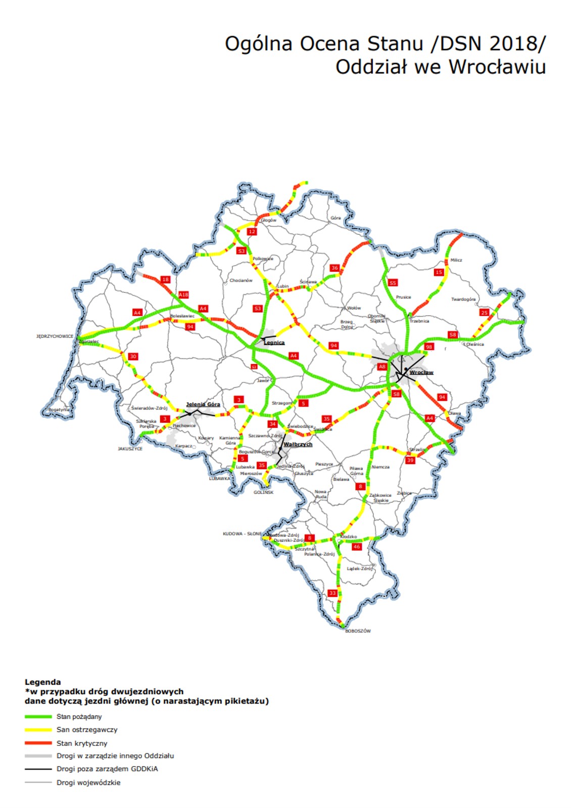 Mapy poglądowe z ogólną oceną stanu technicznego nawierzchni w poszczególnych oddziałach GDDKiA