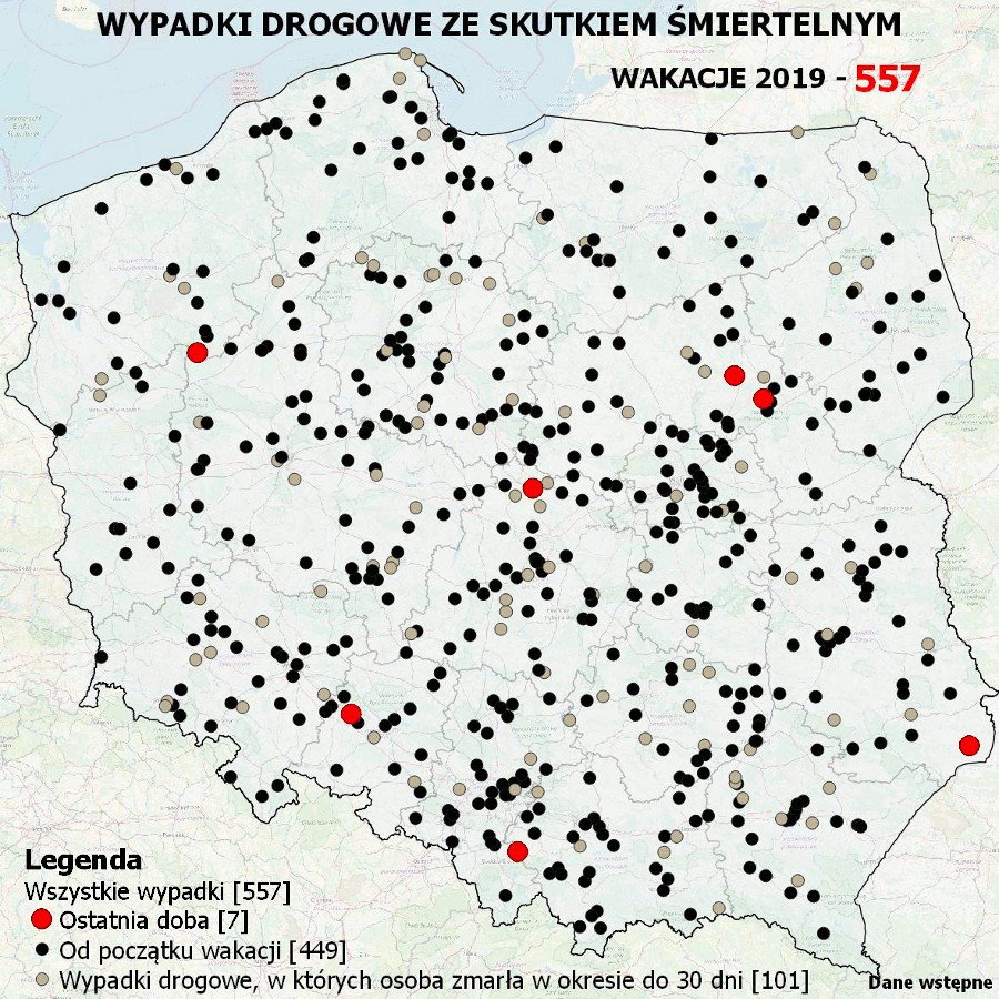 Mapa śmiertelnych wypadków drogowych - stan na 30.08.2019