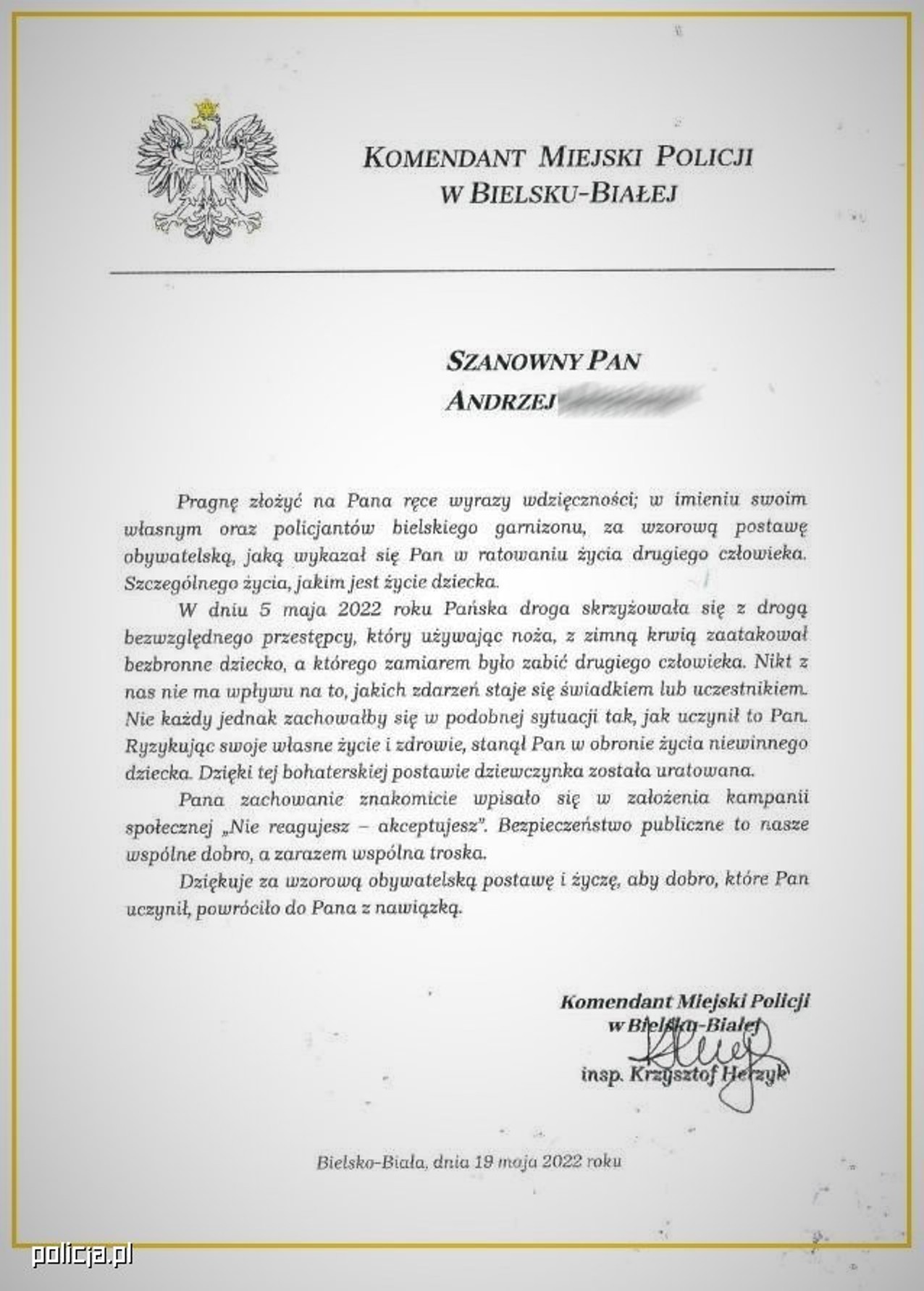 List z podziękowaniami od Komendanta Miejskiego Policji w Bielsku-Białej