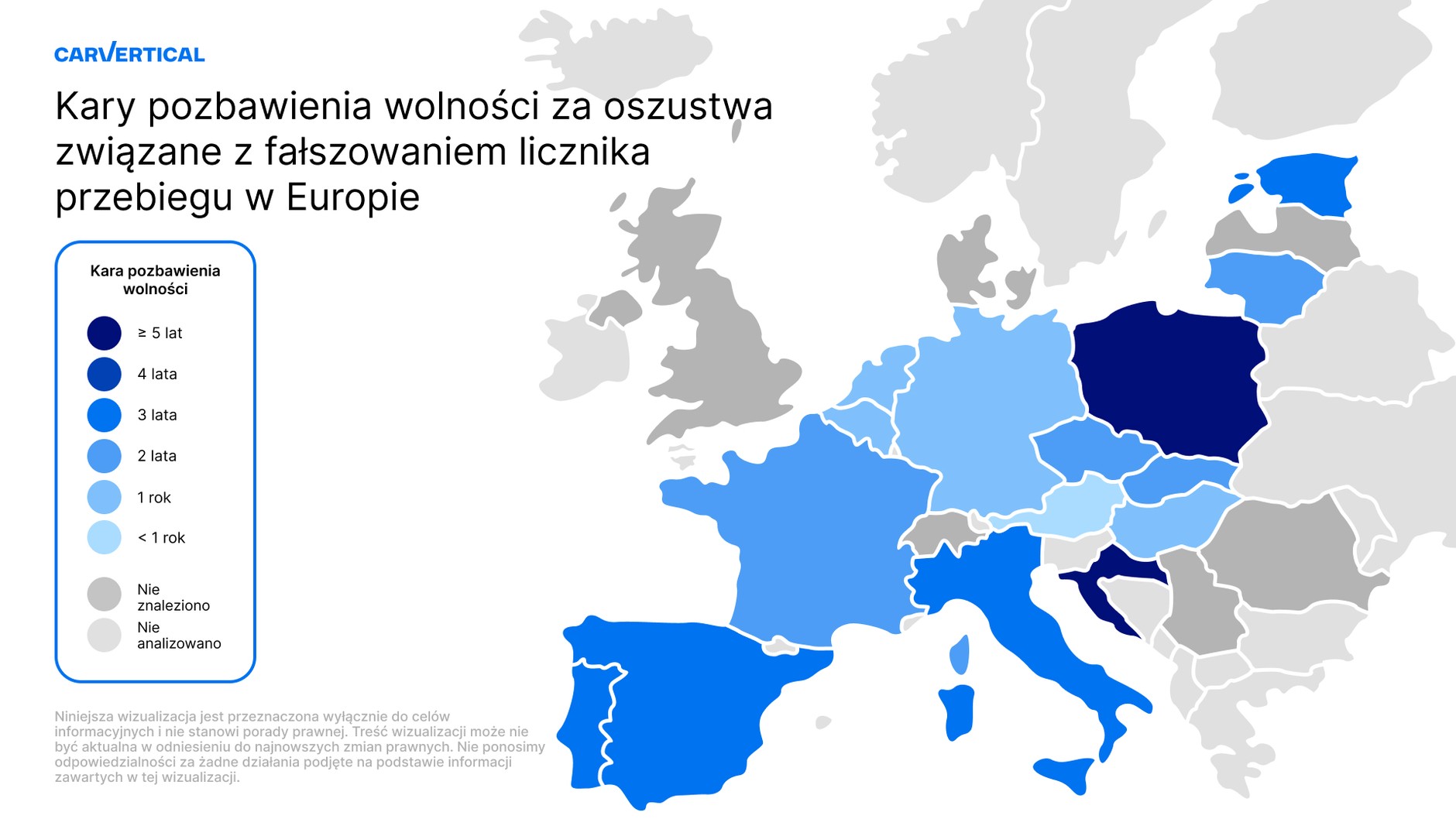 Możliwe kary więzienia za cofanie licznika w samochodach w różnych krajach Europy