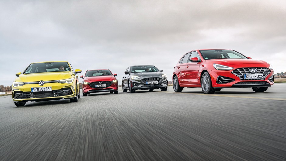 Porównanie kompaktów: Ford Focus 1.0 EcoBoost Hybrid, Mazda 3 Skyactiv-G, Hyundai i30 1.5 T-GDI iMT, VW Golf 1.5 eTSI