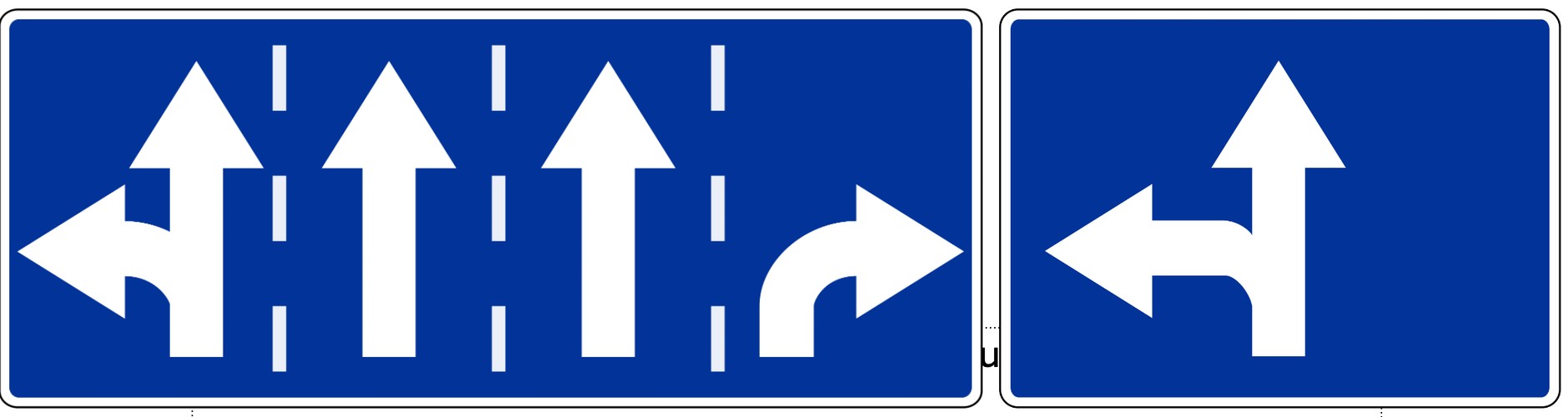 Znaki F-10 i F-11 pokazujące kierunki na pasach ruchu