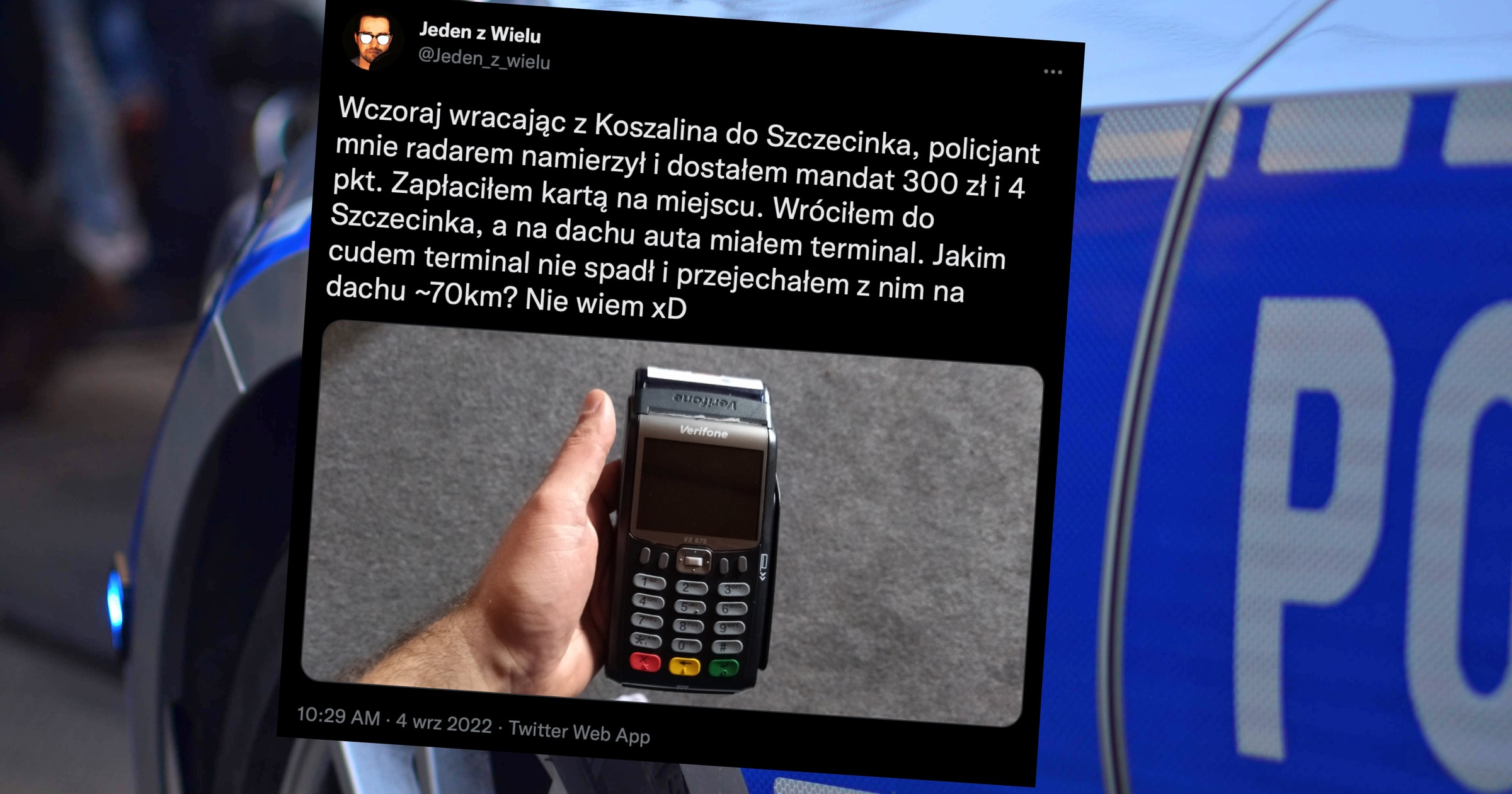 Policjant zostawił na dachu auta terminal płatniczy. Urządzenie "przejechało" na nim ok. 70 km