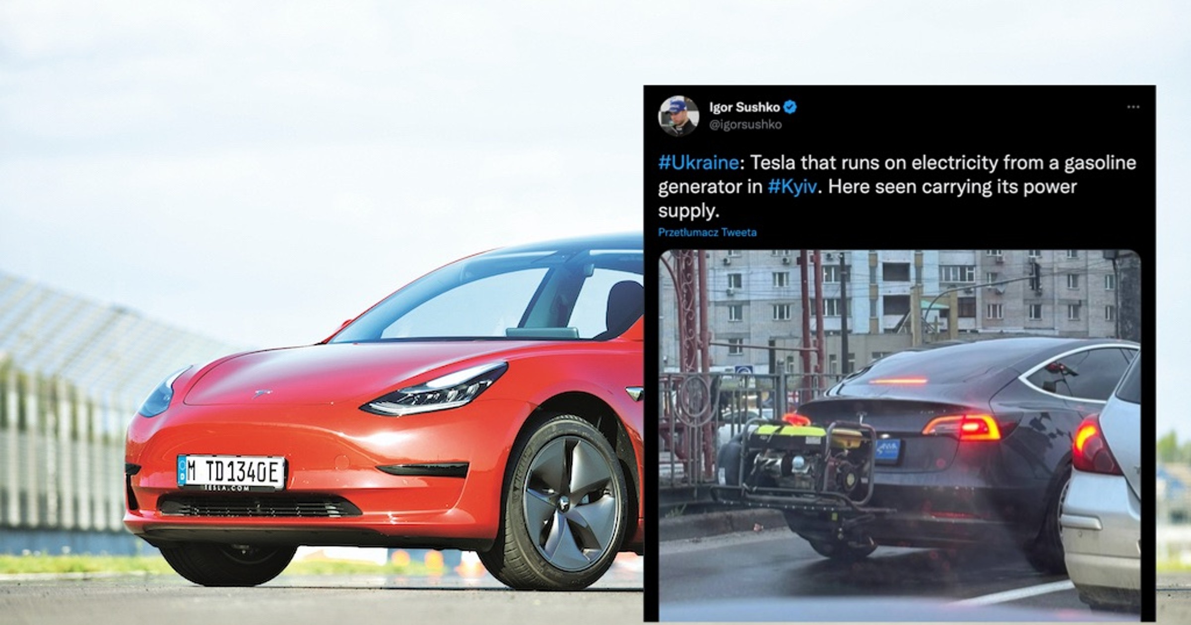 W stolicy Ukrainy, Kijowie, sfotografowano Teslę Model 3 z własnym generatorem prądu