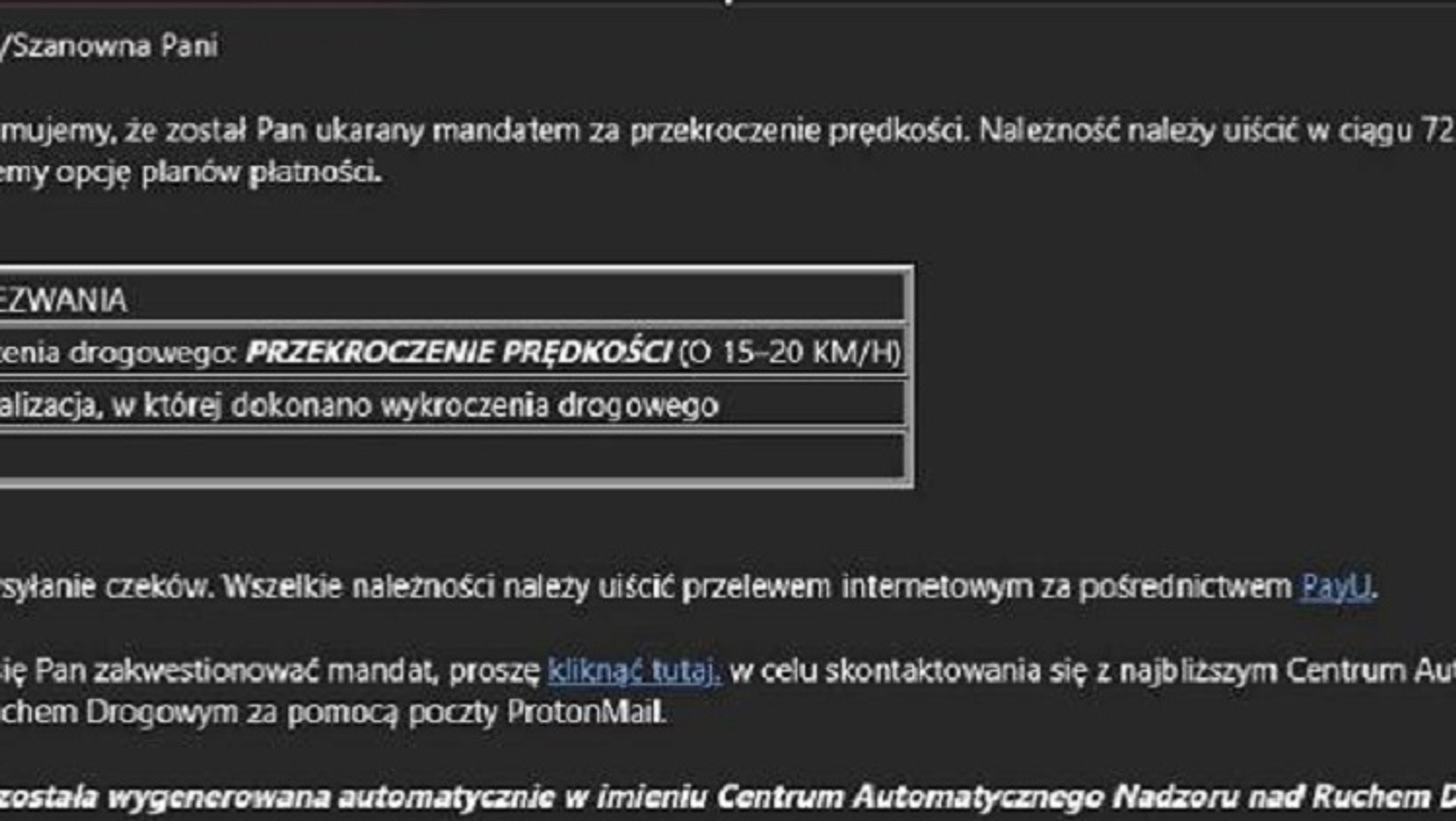 Fałszywy mandat wysłany w formie wiadomości e-mail