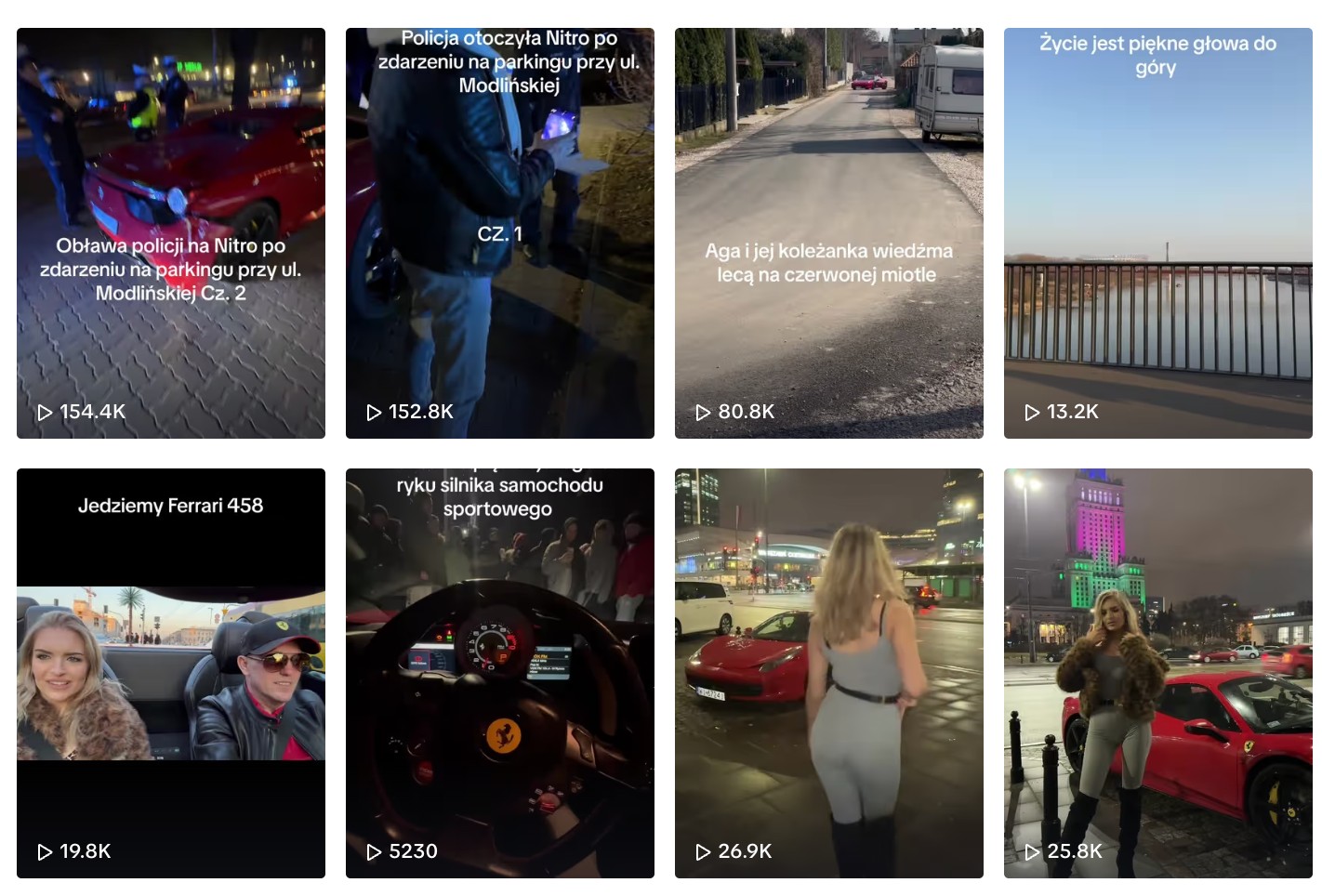 Na kanale tiktokera nie brakuje filmów pokazujących nie tylko "lans" na Ferrari, ale też sprzeczki z policją i ryzykowne zachowania na drodze.