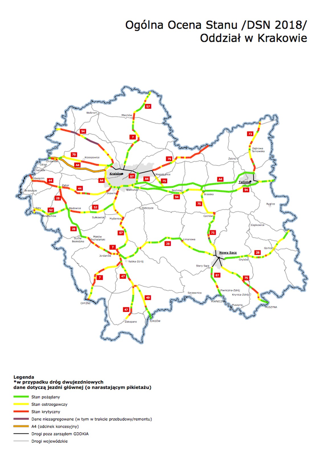 Mapy poglądowe z ogólną oceną stanu technicznego nawierzchni w poszczególnych oddziałach GDDKiA