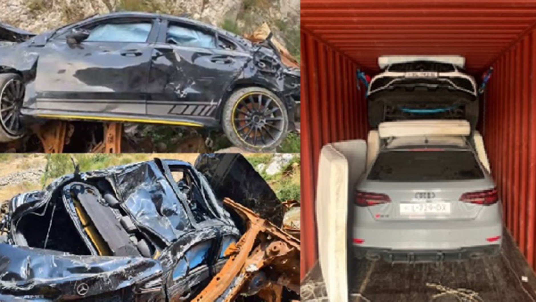 Rozbity Mercedes-AMG CLA 45 i Audi RS3 Sportback w kontenerze