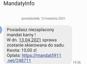 Tak wygląda SMS od oszustów o niezapłaconym mandacie. Nie klikaj w link!