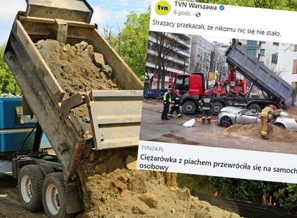 Wywrotka z piaskiem zmiażdżyła Lexusa zaparkowanego przy budowie osiedla. "Awaria techniczna"