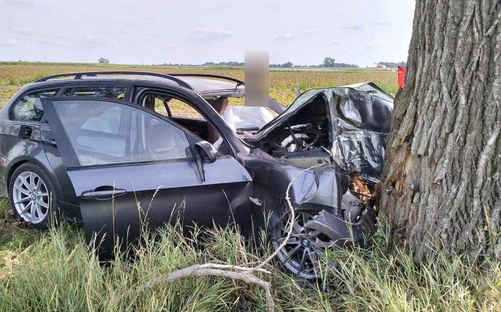 BMW na prostym odcinku drogi zjechało na pobocze i uderzyło w drzewo. Policjanci szukają świadków