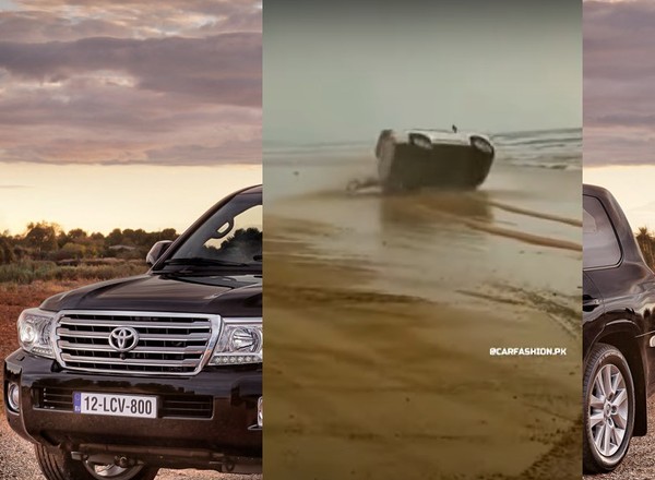 Chcieli driftować Toyotą Land Cruiser po plaży. Wywrócili 2,5-tonową terenówkę [Nagranie]