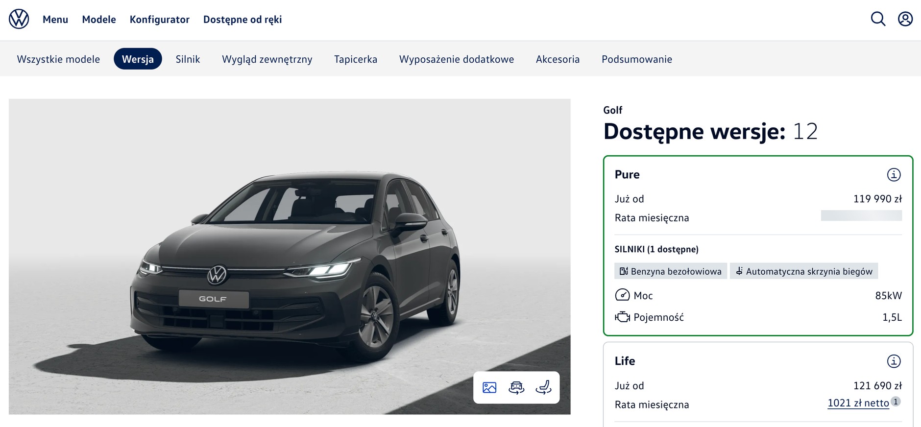 Volkswagen Golf Pure — zrzut ekranu z konfiguratora
