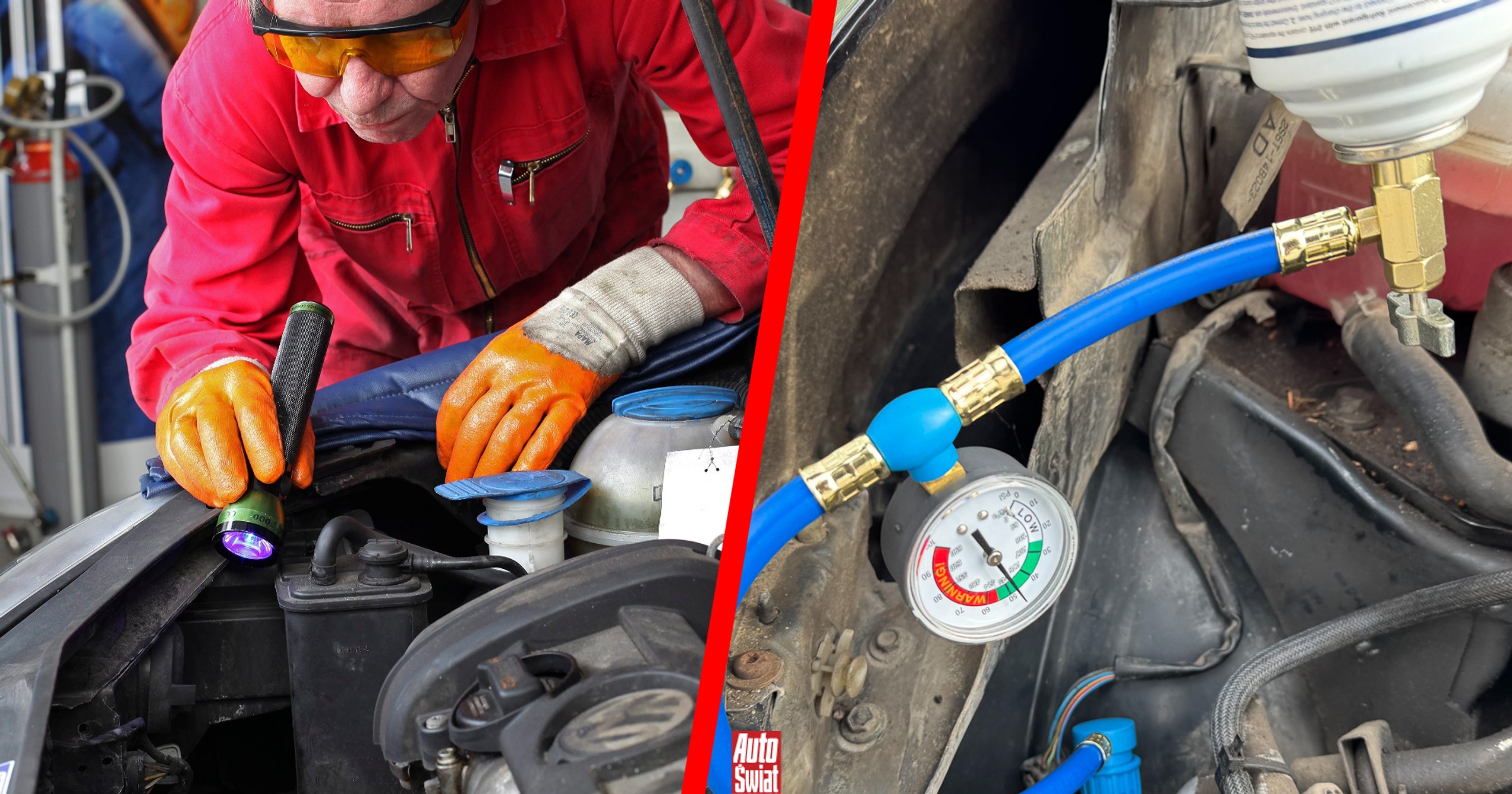Un uomo con un'auto e un preparato per il climatizzatore, con un'etichetta che indica il rischio di utilizzo non professionale