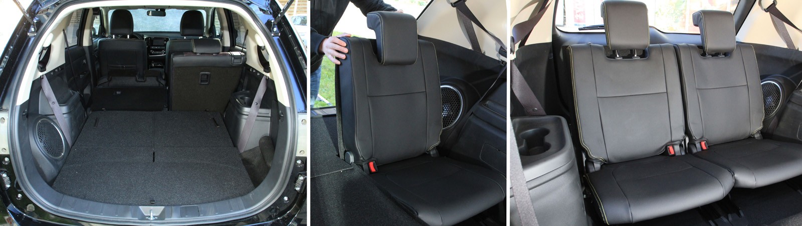 Mitsubishi Outlander 2.2 DI-D Fischer: trzeci rząd siedzeń należy traktować jako awaryjny. Wygodny system składania fotelików – to dwa osobne miejsca składane w podłodze. Bagażnik duży i funkcjonalny.