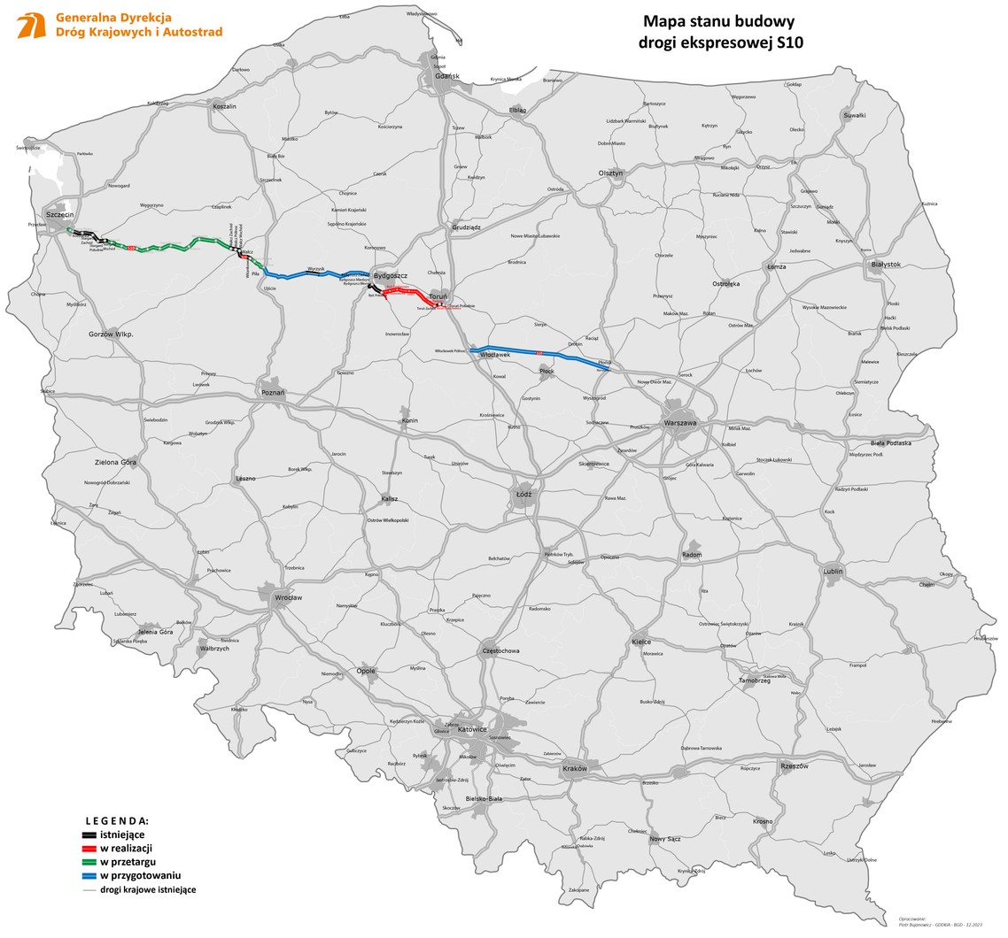Droga ekspresowa S10 - stan na grudzień 2023 r.