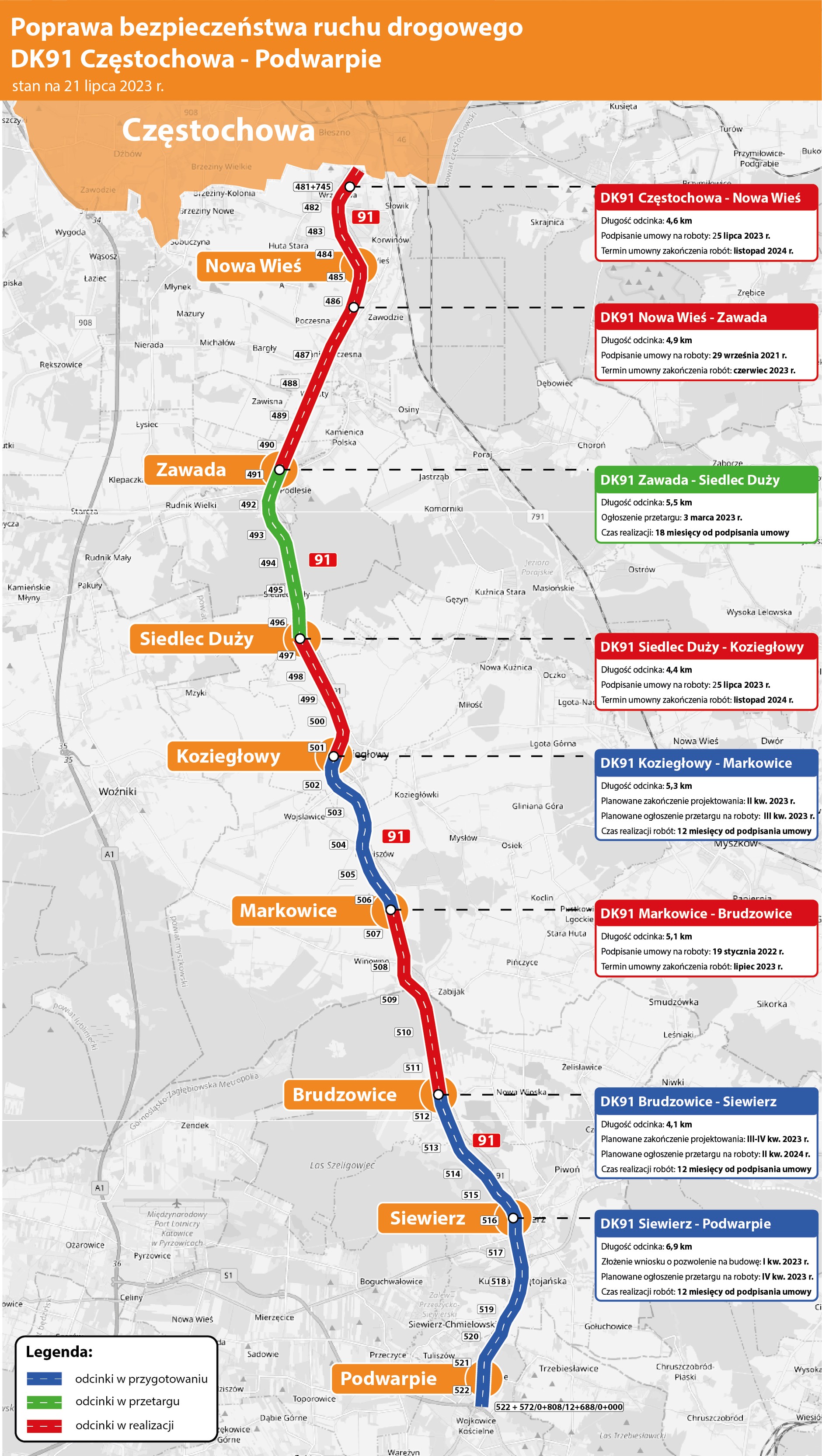Mapa przebudowy DK91 w woj. śląskim
