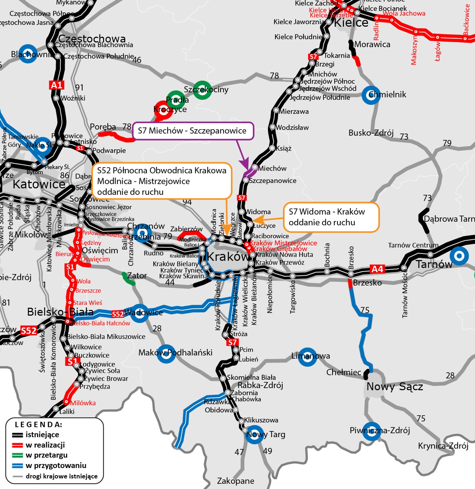 Przebieg tras S7 i S52 - mapa