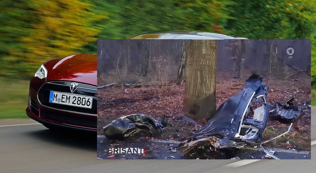 Szczątki tesli po wypadku