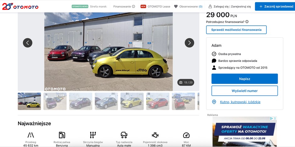 Zrzut ekranu z ogłoszenia sprzedaży Vosco S106