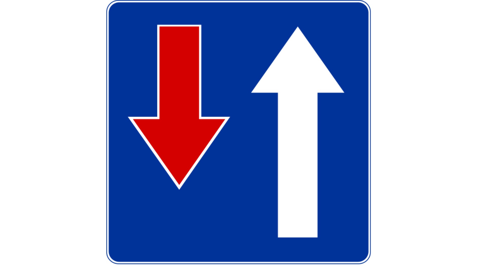 Biała strzałka na znaku D-5 wskazuje, kto ma pierwszeństwo na zwężonym odcinku drogi