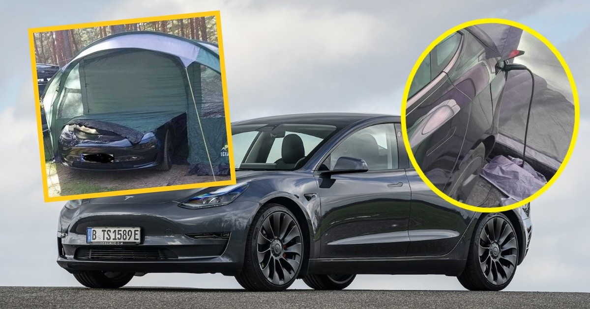 Ładowanie Tesli na kempingu w Łebie. Auto wystawało z namiotu