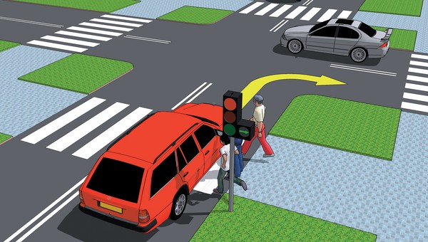 Błąd! Kierowca ma obowiązek zatrzymać się przed sygnalizatorem S-2 z wyświetloną zieloną strzałką, a w czasie tego zatrzymania rozejrzeć się, czy może kontynuować jazdę, nie powodując zagrożenia