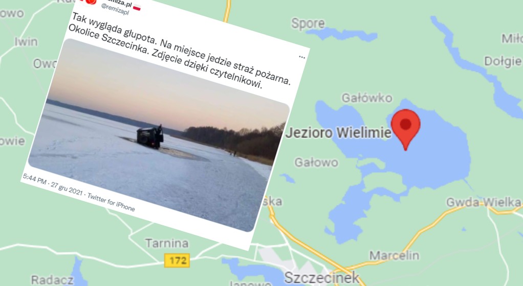 Dwie osoby wjechały samochodem na zamarznięte jezioro Wielimie koło Szczecinka. (Zdjęcie ilustracyjne, google.com/maps, twitter.com/remizapl)