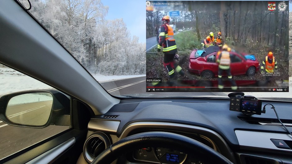 Wypadek na drodze Uwaga na zmarzniętą nawierzchnię i pierwszy lód Fot. Tomasz Okurowski/YouTube/Policie CR