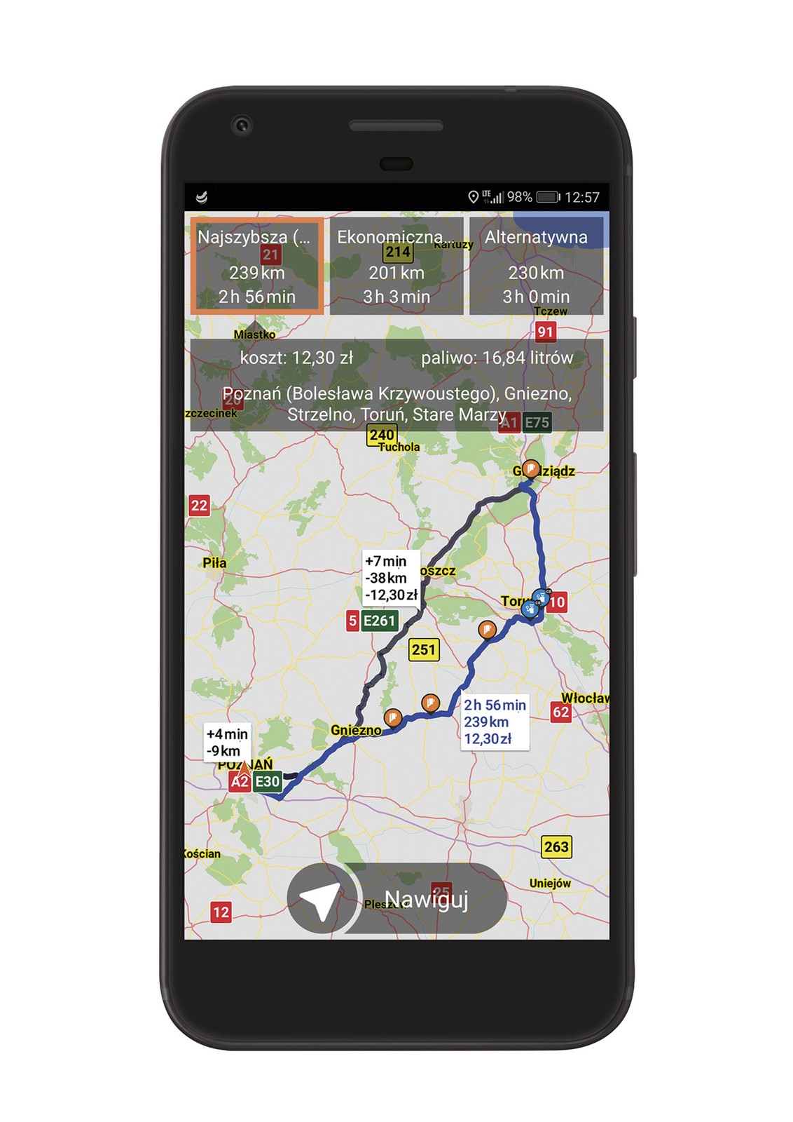 Przed wyruszeniem w drogę możemy porównać na mapie różne trasy prowadzące do wskazanego celu. Aplikacja NaviExpert wyświetla informacje o przebiegu 
i długości trasy, szacowanym czasie dotarcia na miejsce czy kosztach przejazdów autostradą.