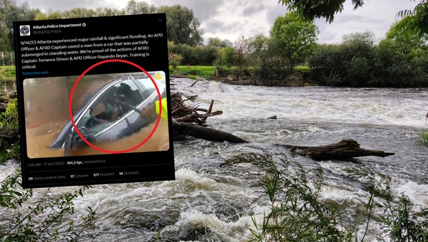 Podczas powodzi został uwięziony w samochodzie (fot. screen: Twitter/Atlanta_Police)