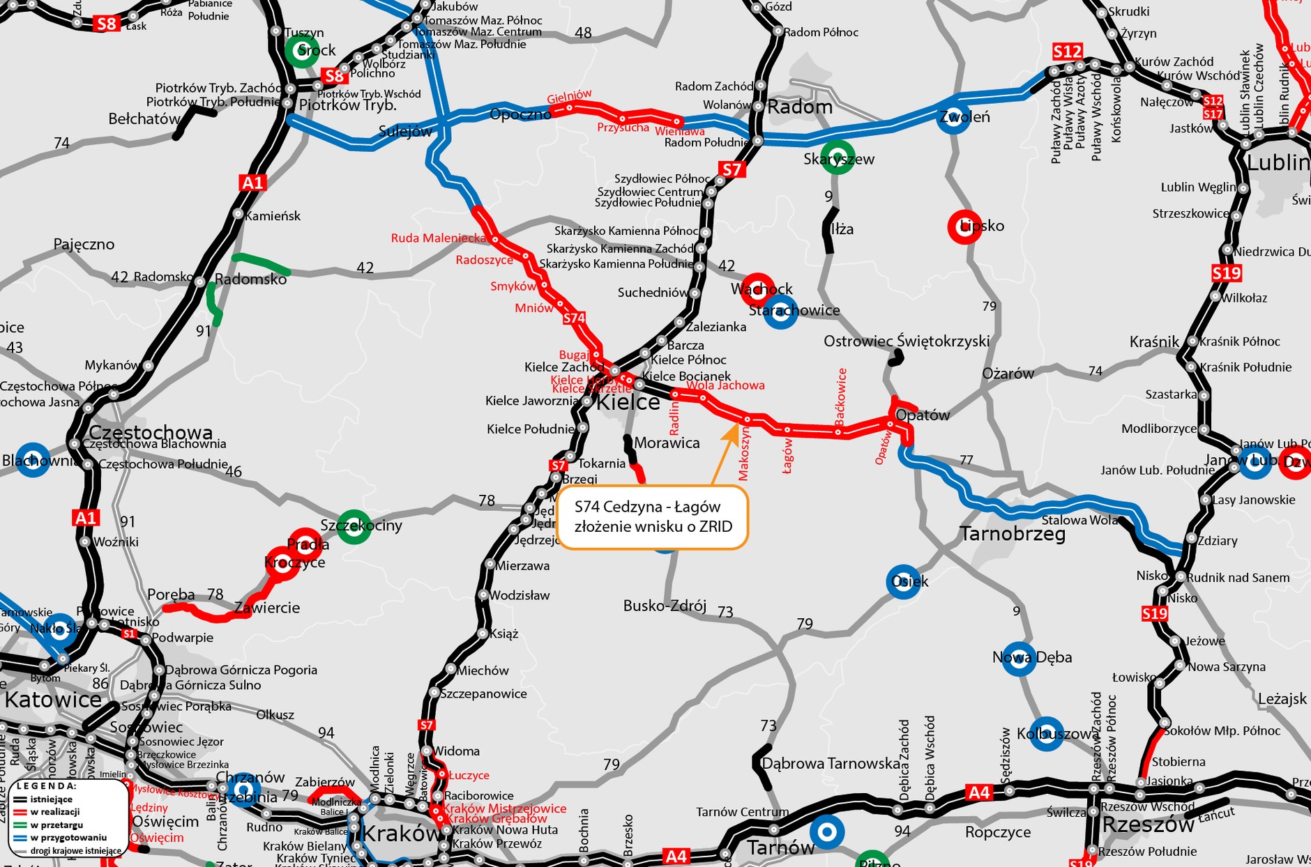 Mapa z widocznym przebiegiem całej drogi S74