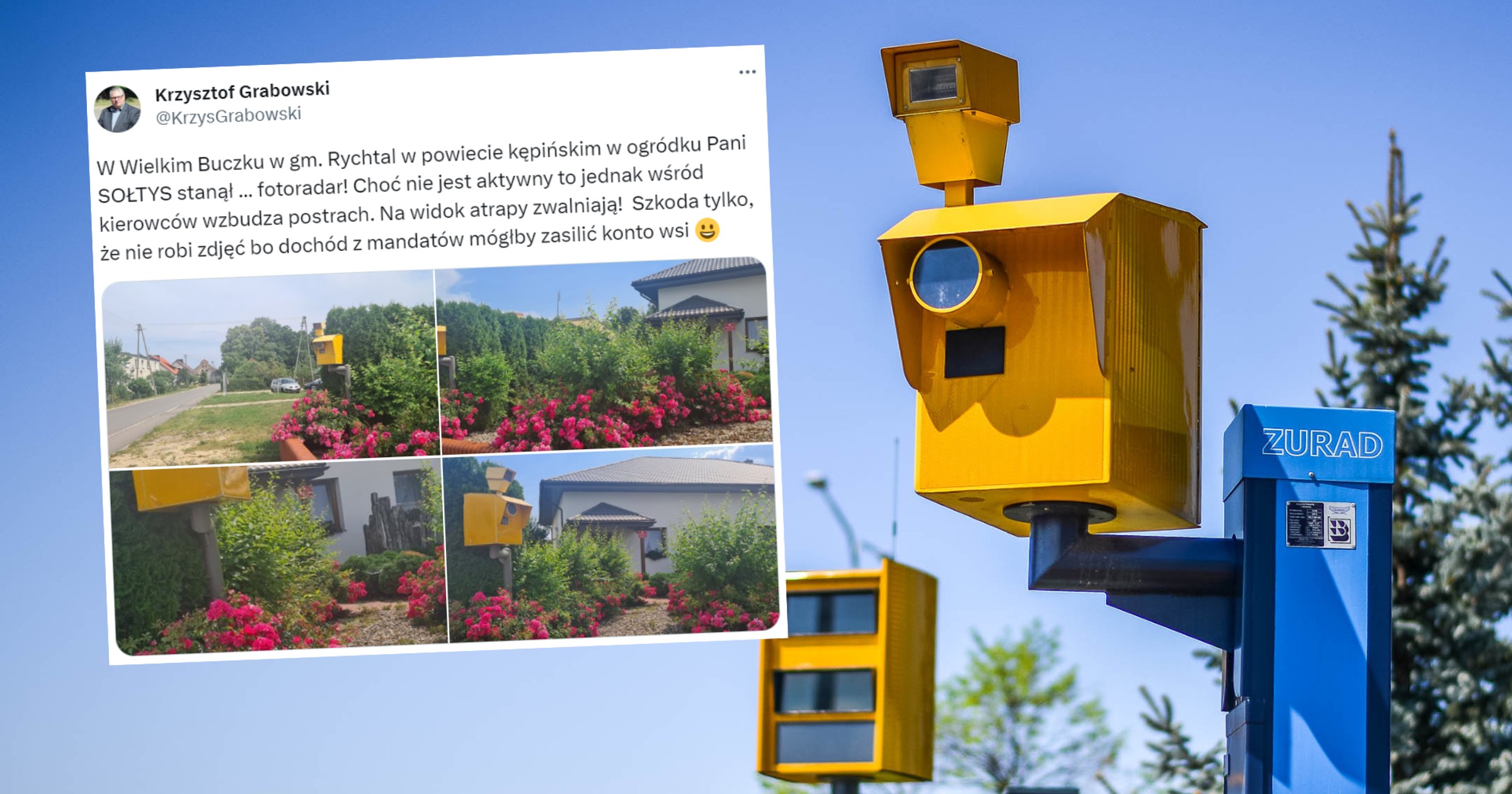 Postawiła w ogrodzie atrapę fotoradaru (fot. screen: twitter.com/@KrzysGrabowski)