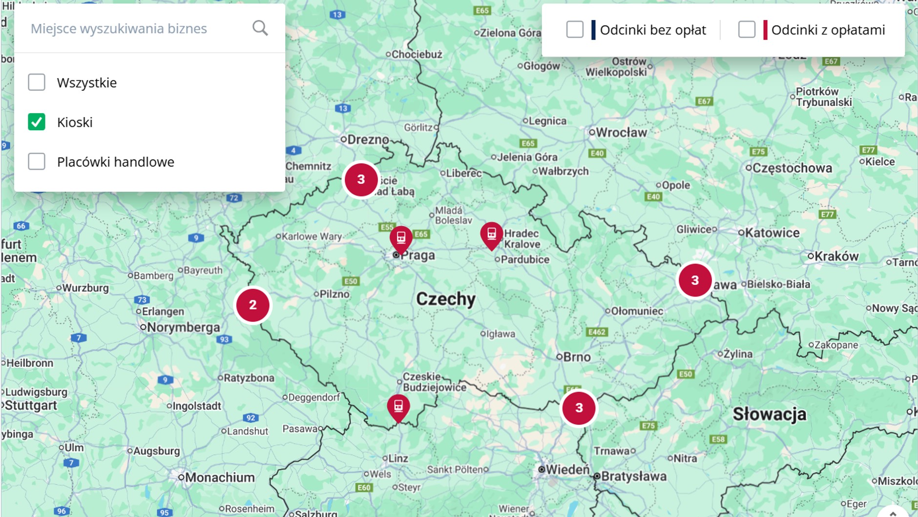 Mapa kiosków samoobsługowych do zakupu winiet w Czechach