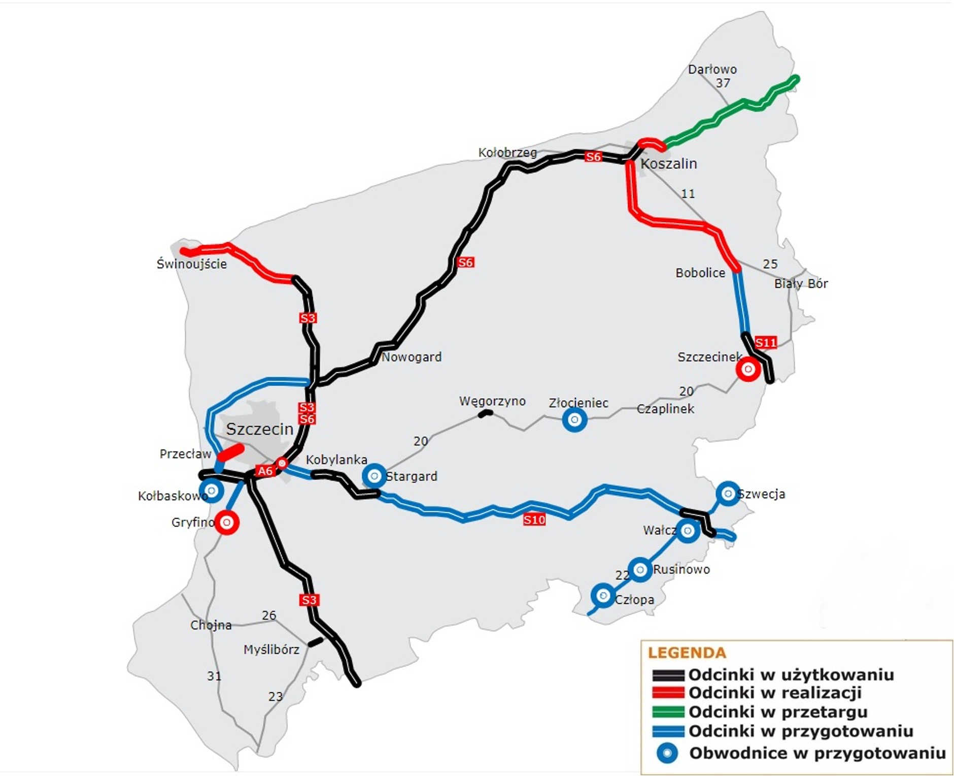 Zachodniopomorskie mapa budowy dróg