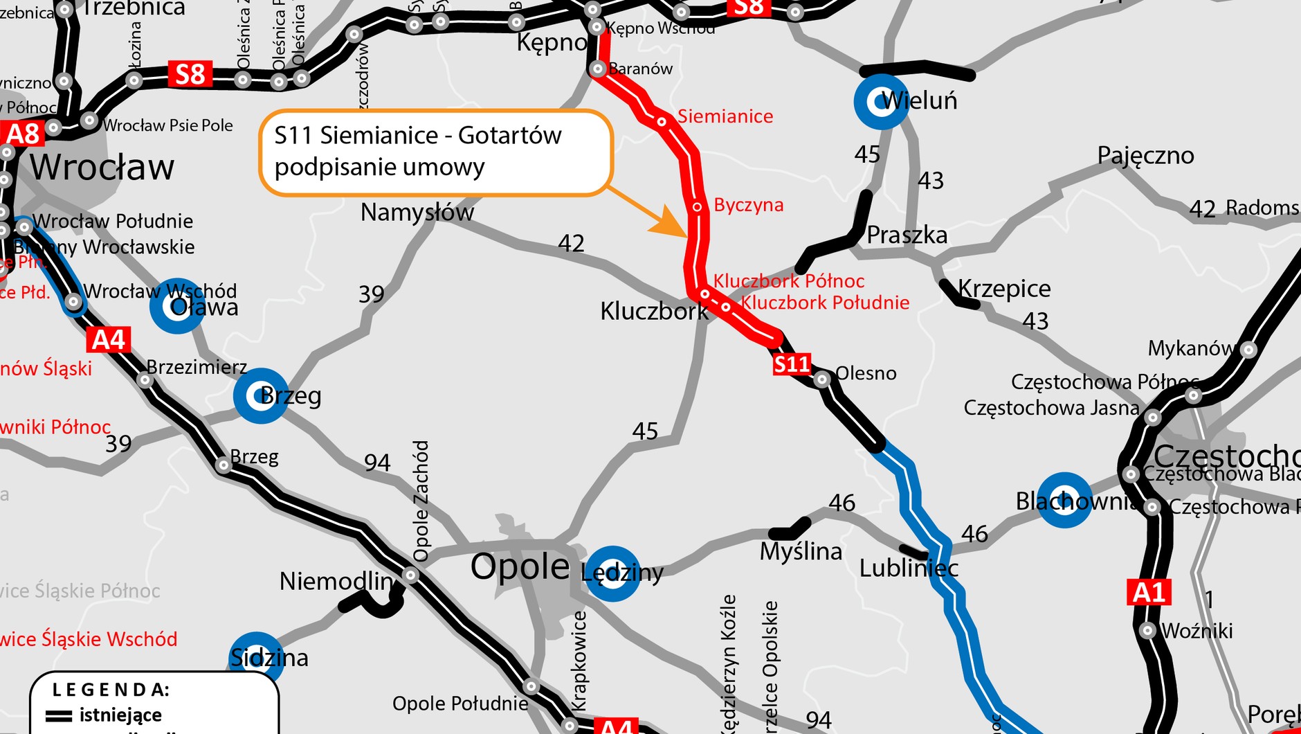 Mapa — odcinek drogi S11 Siemianice — Gotartów