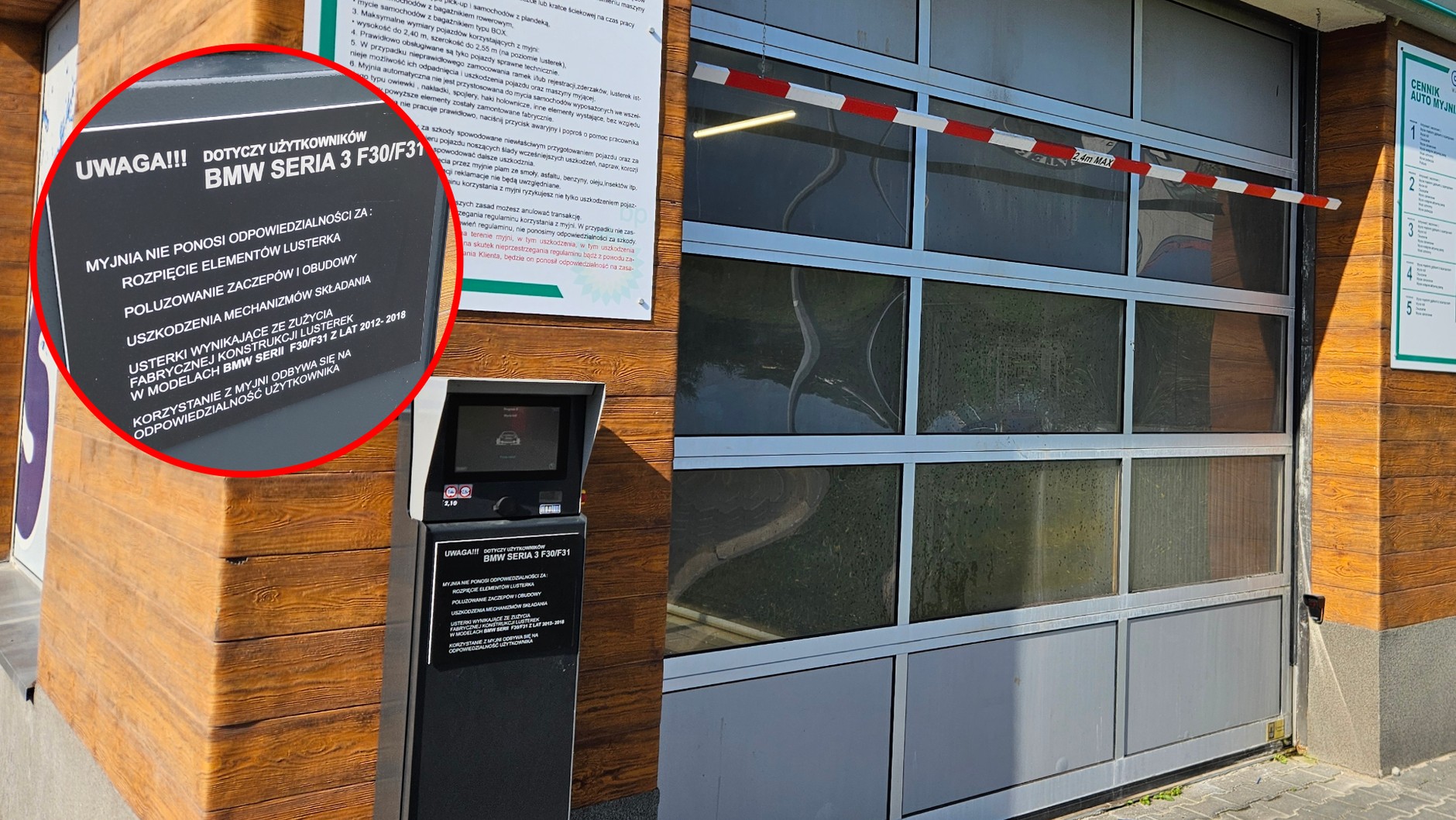 Tabliczka ostrzegawcza specjalnie dla użytkowników BMW F30/F31. Najwyraźniej operator myjni ma złe doświadczenia z tym konkretnym modelem. 