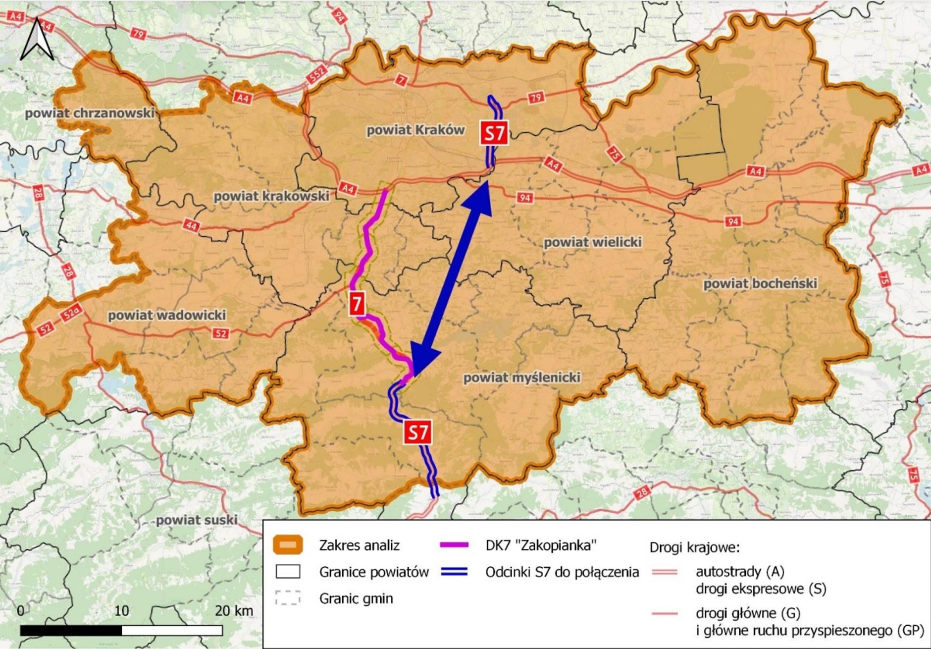Odcinki drogi S7 wymagające opracowania połączenia