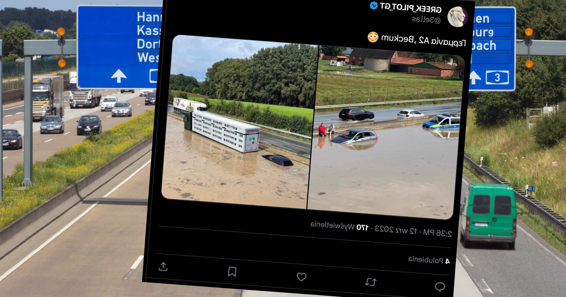 Zalane pojazdy na niemieckiej autostradzie A2